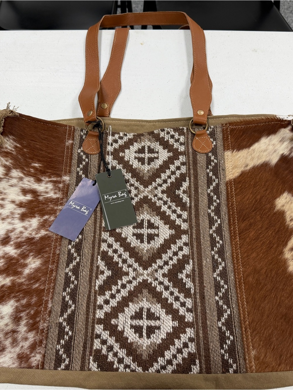 Myra Bag Brown & Cream Woven Cowhide Tote with Leather Handles so 16”x26”